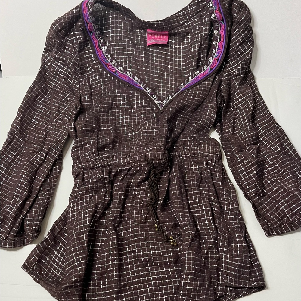 Brown and Silver Checkered Blouse with Purple Trim